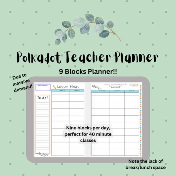 Polkadot Teacher Planner 2026-2027 (9 block day)